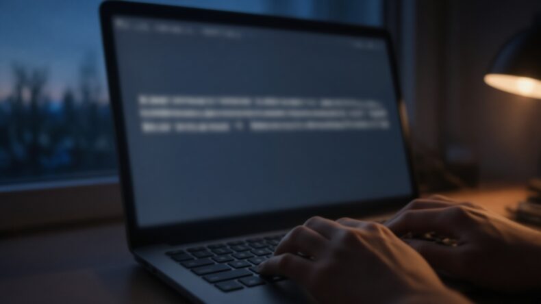 窓際のノートパソコンに、改行のない長い文章が映っている。