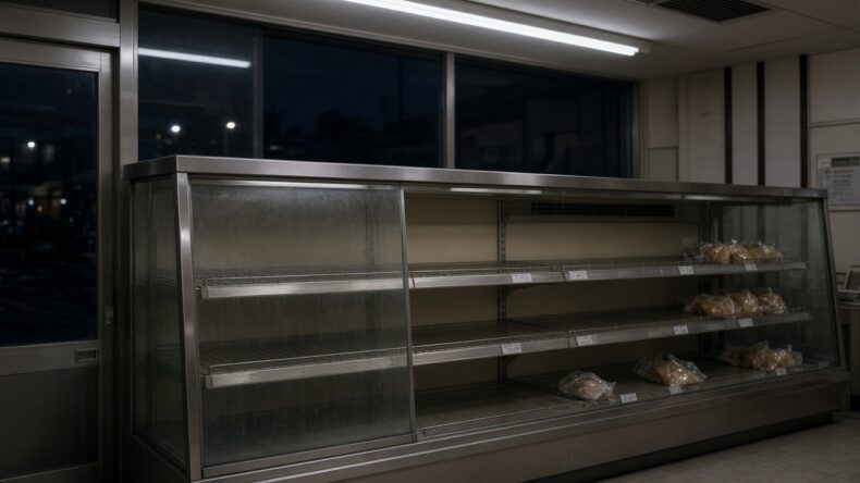 夜の保温棚。ほとんど空いている。