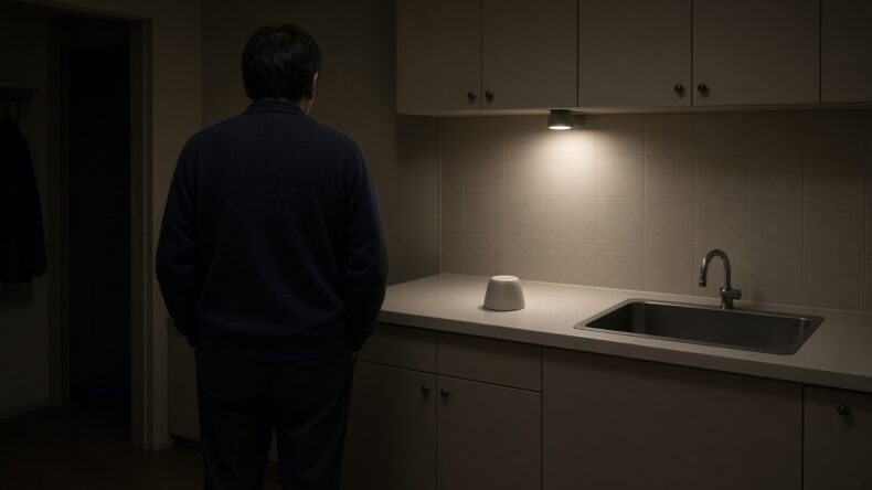 夜の台所。杯は伏せたまま、手は出していない
