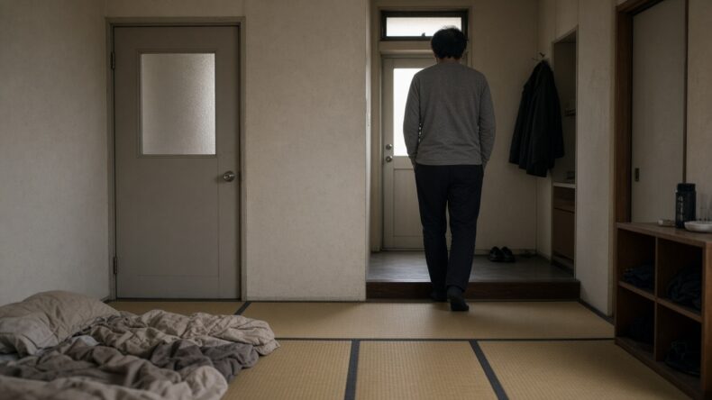 風呂のドアは閉まったまま、玄関へ向かう