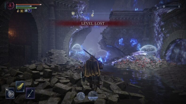 LEVEL LOST。レベルは5、ルーンは0、聖杯瓶は4本