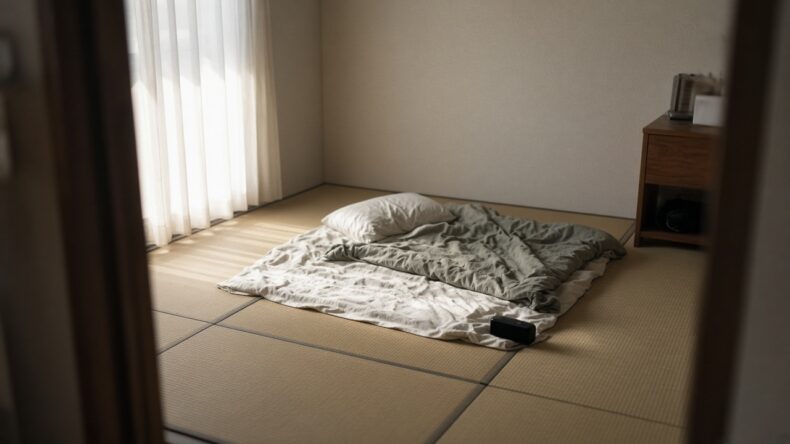昼の光の中、まだ敷かれたままの布団。