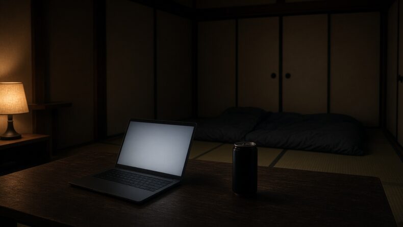 夜、画面だけが明るく、布団はまだ敷かれたまま。