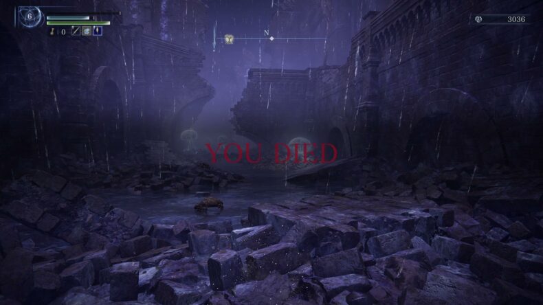 石造りの廃墟に雨が降る中、YOU DIED と表示されている。左上のレベルは6、右上のルーンは3036。