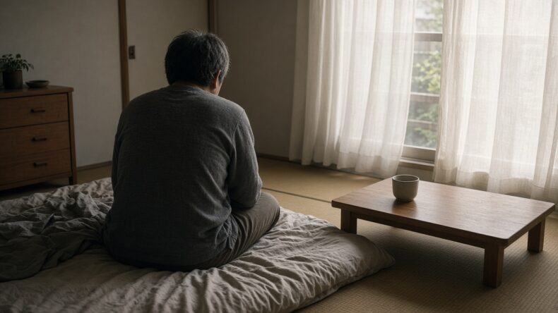 午後の光のなか、布団の端に座っている