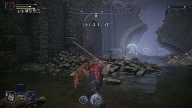 左上のレベル表示が赤の3。LEVEL LOSTと出て、ルーンは0