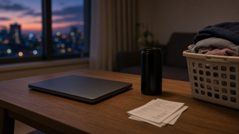 閉じたパソコンのそばに、レシートと洗濯物と黒い缶。
