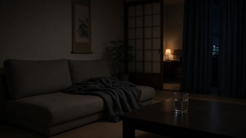 暗い部屋のソファと、毛布、水の入ったグラス。