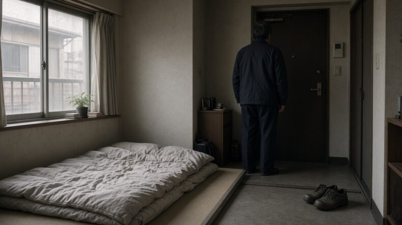 敷いたままの布団と、出かける前の仕事着