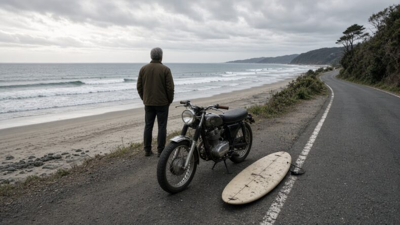 海沿いの道にバイクを止め、まだ積んでいないボードを見ている