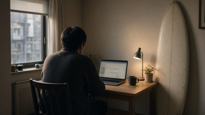 机で画面に向かい、部屋の隅にサーフボードが立てかけてある
