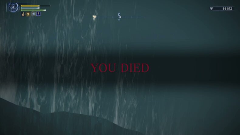 YOU DIED。レベル4、ルーン14192。敵の名前と体力バーは無い