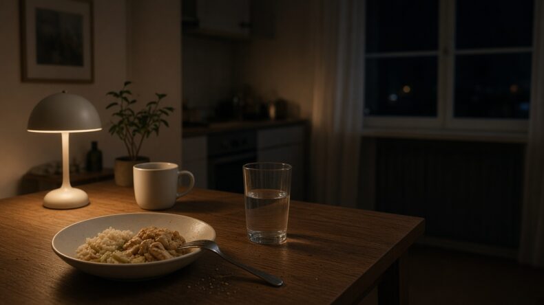 夜の小さな食卓。軽い食事と、水の入ったグラス。