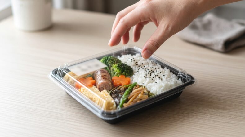 弁当の蓋に手をかけている。日付の印字はぼやけて読めない。
