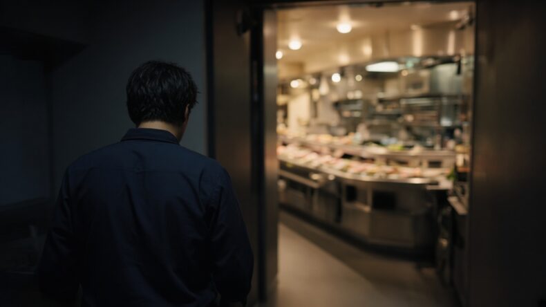 夕方、厨房へ入っていく後ろ姿。奥に店内の明かりがある。