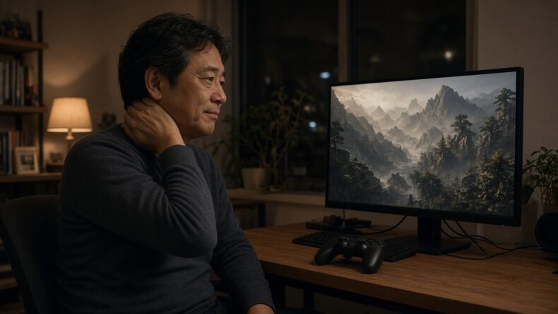 首に手を当て、入れ直した画面を見ている