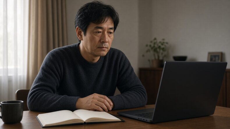 開いたノートの前で、手が止まっている