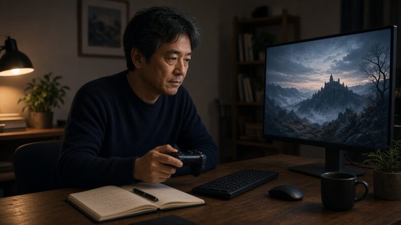 コントローラーとノートを机に戻して、また画面を見ている