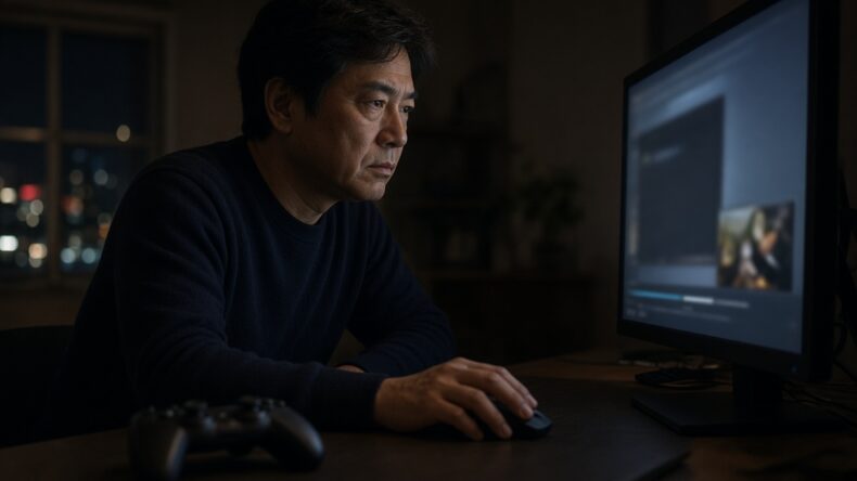 夜、マウスに手を置いて、消す画面を見ている