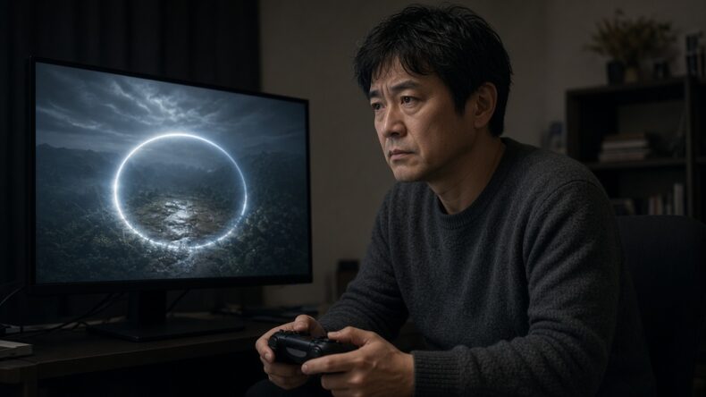 円の残る画面の前で、コントローラーを持ったまま止まっている