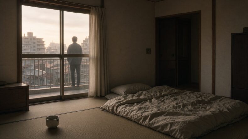 午後の部屋。布団は敷いたままで、窓の外に人の背中が見える