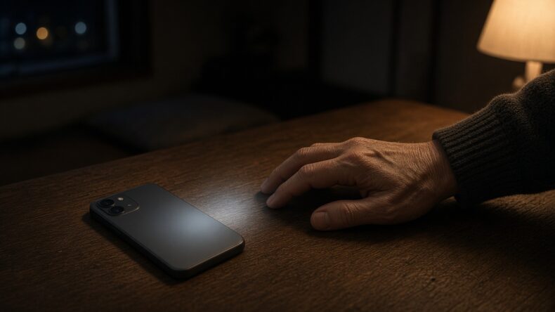 夜のテーブルで、スマートフォンに手を伸ばしかけて止まっている