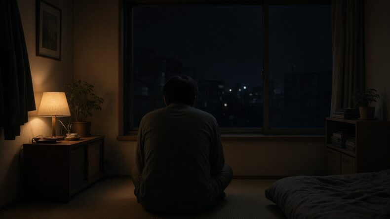 夜の窓に向かって座っている人