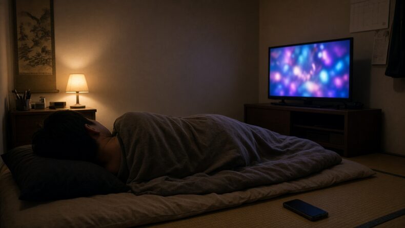 布団の中で横になったまま、光るテレビのほうを向いている
