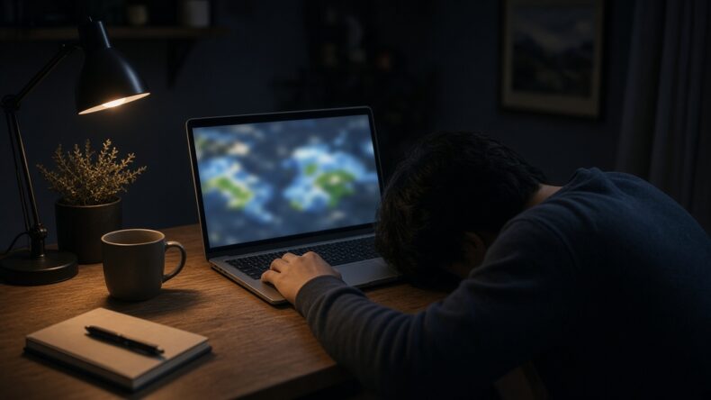 画面がついたまま、机に顔を伏せて眠っている人