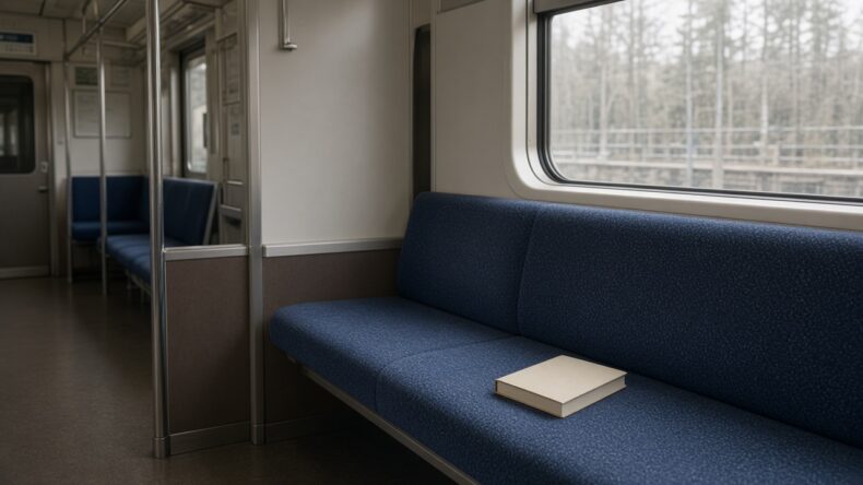 人が少ない早朝の電車と、座席に置いた本