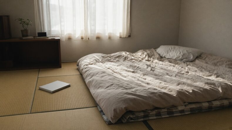 朝の光が当たった、長く寝ていたあとの布団
