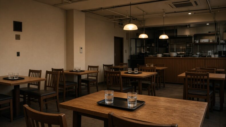 客のいない、静かな飲食店のテーブル