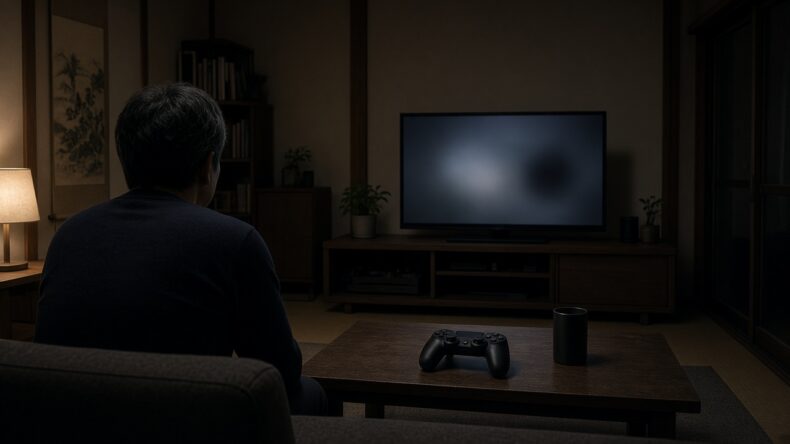 夜の部屋で、コントローラーを置いたまま画面を見ている人