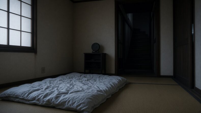 朝の布団と、奥に暗い階段がある部屋