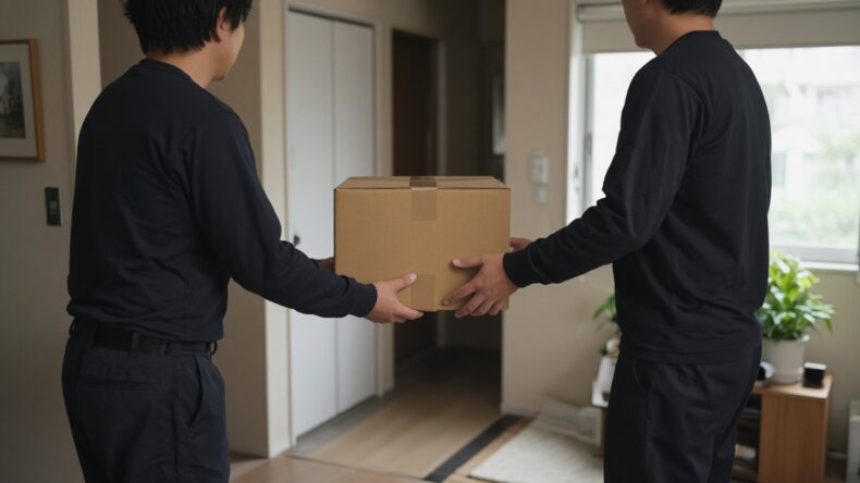 段ボールを受け渡す二人。手を添える位置がずれている