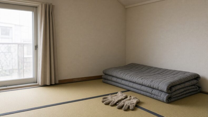 隅に置かれた作業手袋と、畳まれたままの毛布