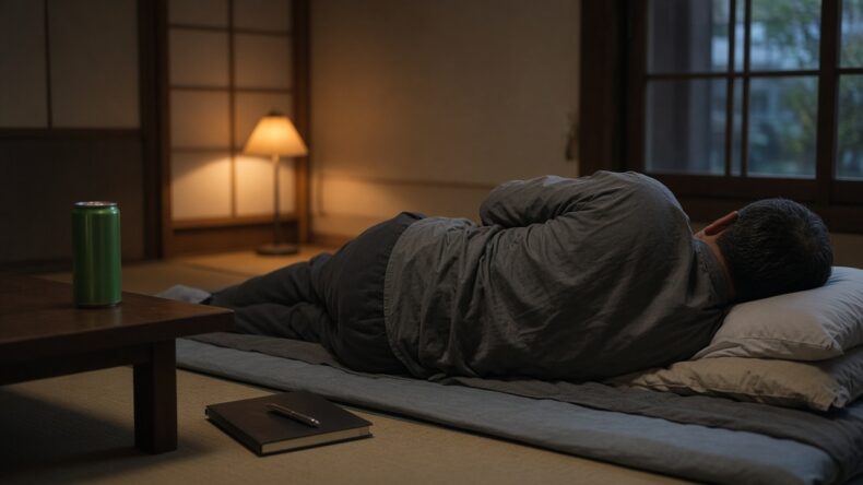 夕方の和室。作業着のまま布団に横になり、そばに閉じたノートと緑の缶がある。