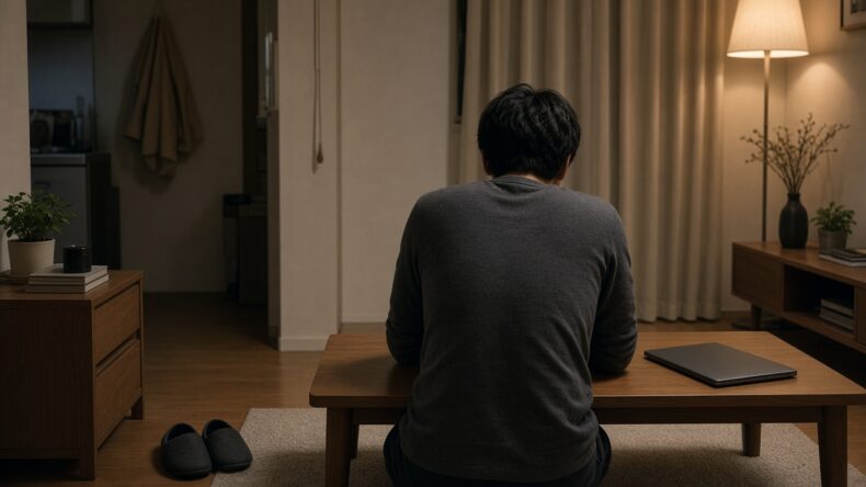 仕事から戻り、閉じたパソコンの前に座っている