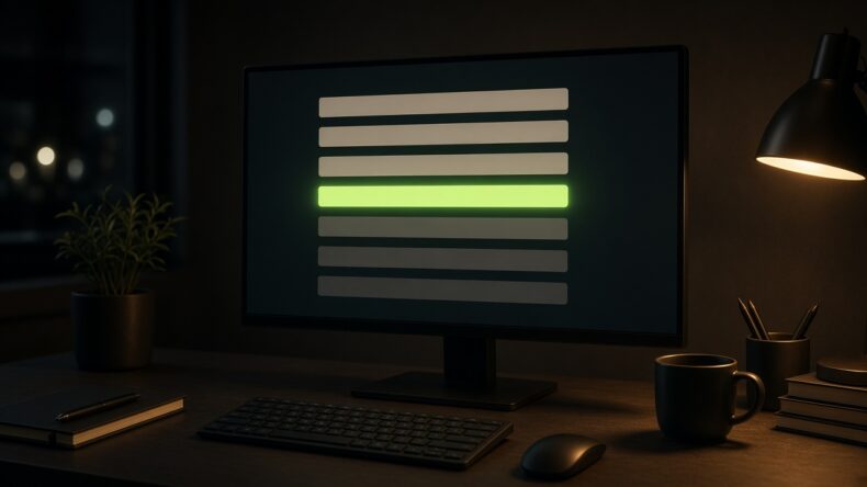 終わった行が残り、いまの一行だけが光っている画面