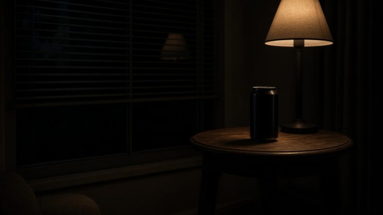 夜の灯りの下に置かれた、ラベルのない缶が1本