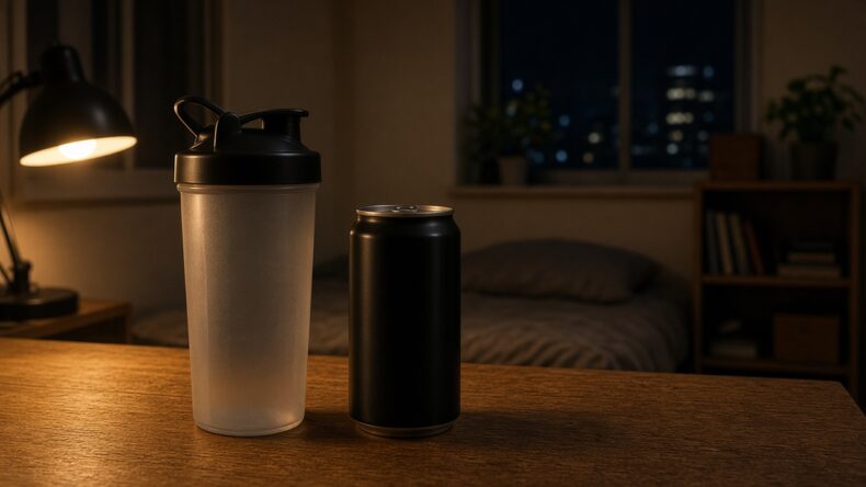 シェイカーと、ラベルのない黒い缶が並んでいる