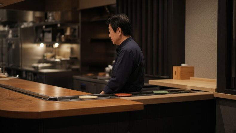 客の少ない回転寿司の厨房で、落ち着いて立っている人