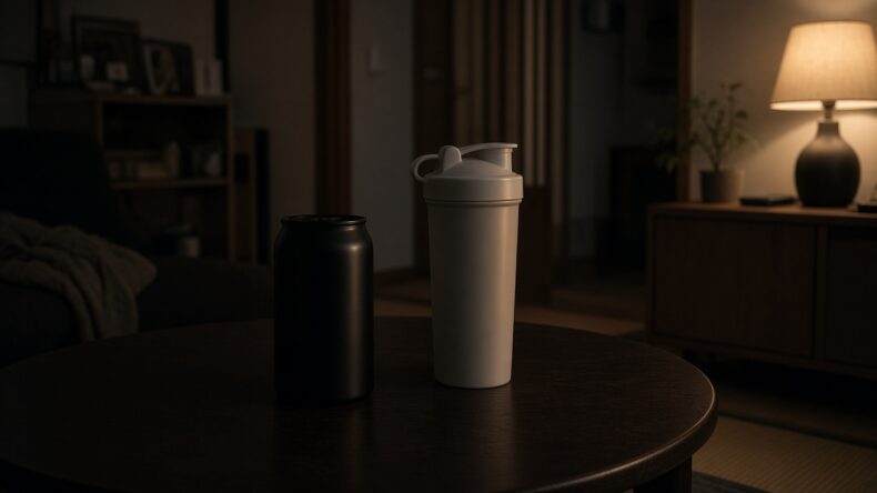 灯りのついた部屋に、缶とシェイカーが残っている