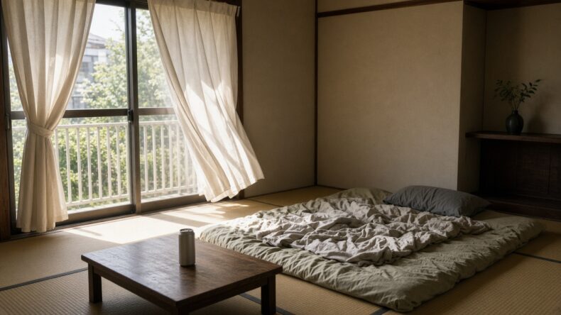 昼の光が差す部屋で、布団がまだ敷かれたままになっている
