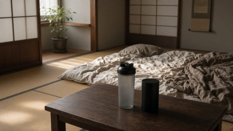 昼の布団の前に、シェイカーとラベルのない缶