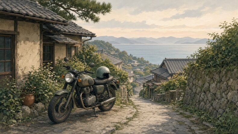 出発しないまま停めてあるバイクと、海の見える坂道