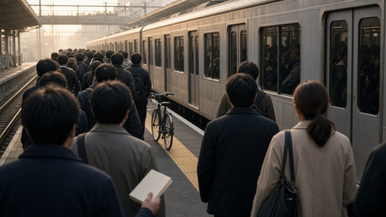 朝の混んだホームと、まだ開いていない本
