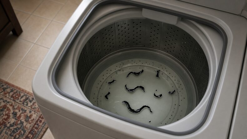 洗濯槽の水面に浮かぶ黒い破片。裏側はまだ開いていない