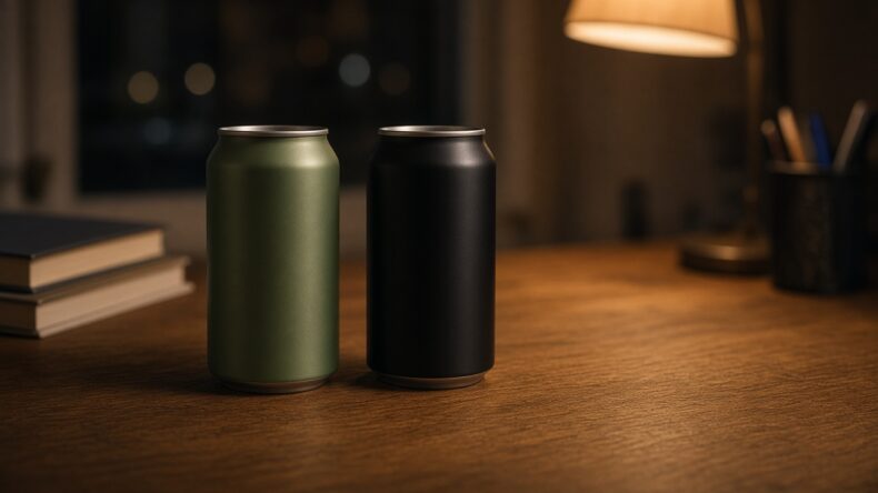 机の上に、ラベルのない缶が二本だけ並んでいる