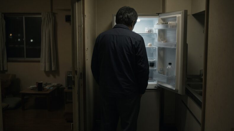 夜の冷蔵庫の前で、出かけるのを迷っている人